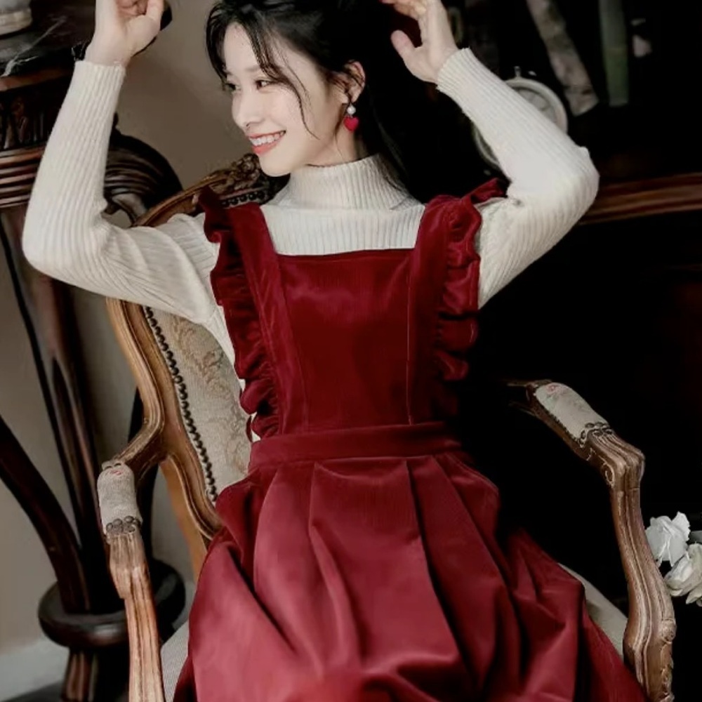 Frilly Velvet Apron‎ Pinafore Dress-Burgundy Red-XS/S - Picture 3 of 15